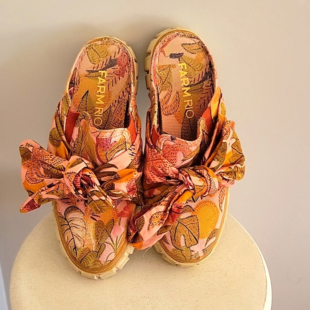 FARM Rio Pink and Green Mules with Floral Design